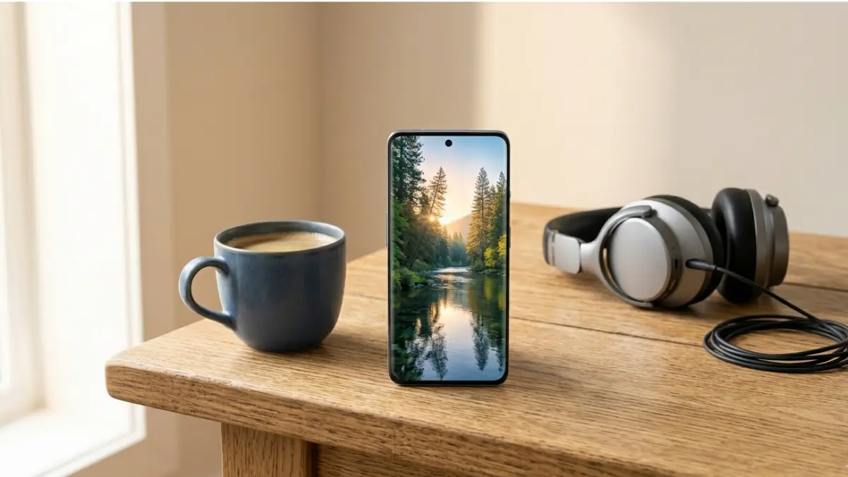 Phone on table with coffee and headphones